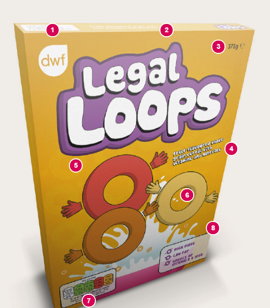 Front of a mocked up "Legal loops" cereal packet