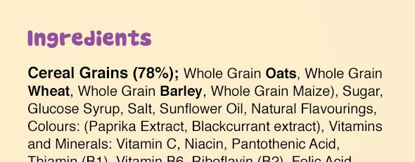 List of ingredients from mock cereal packet