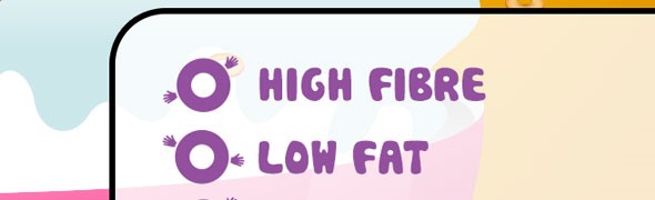 Close up of the mocked up cereal packet reading 'High Fibre, Low Fat'